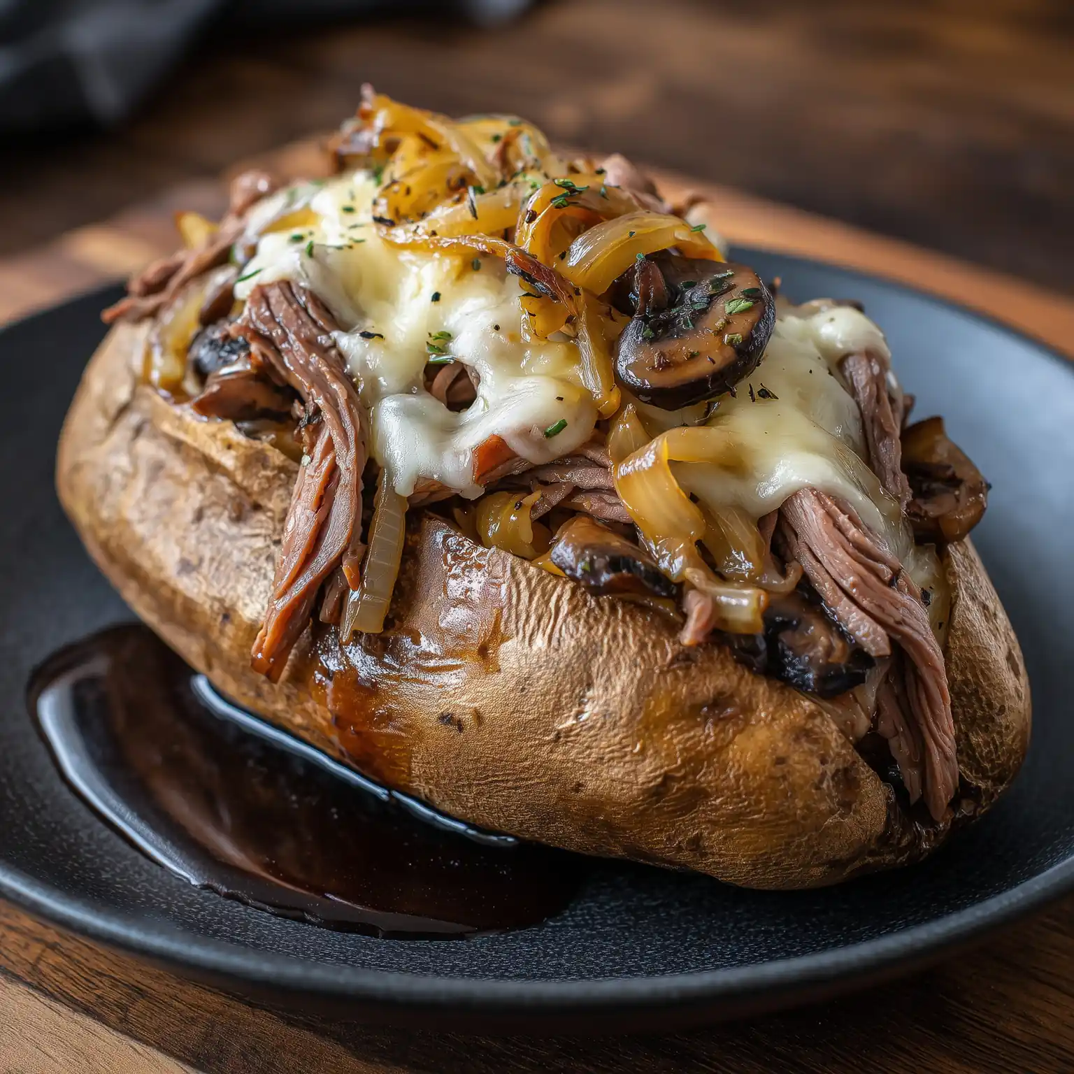 Mushroom Melt potato topped with steak, Swiss cheese, mushrooms, and onions